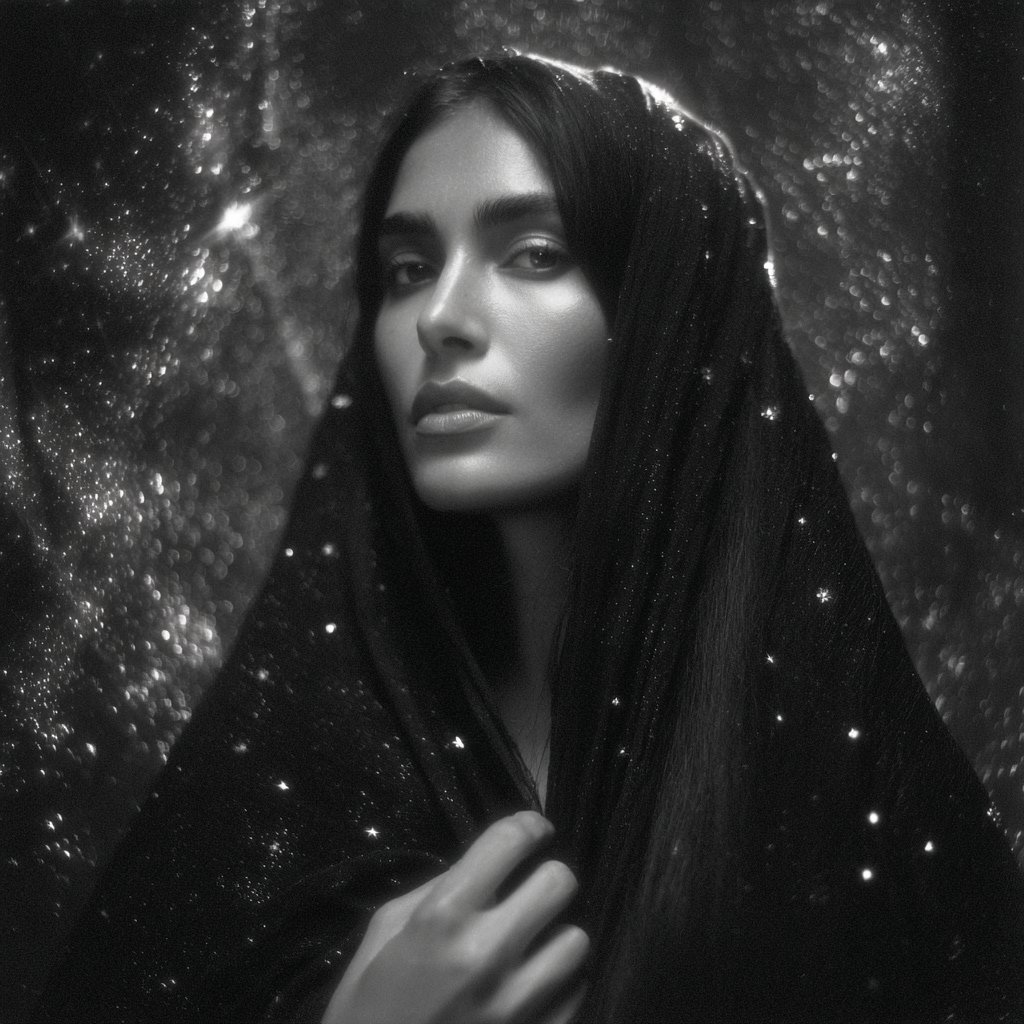 BeautySimulationsAI — veiled figure beneath a starlit sky